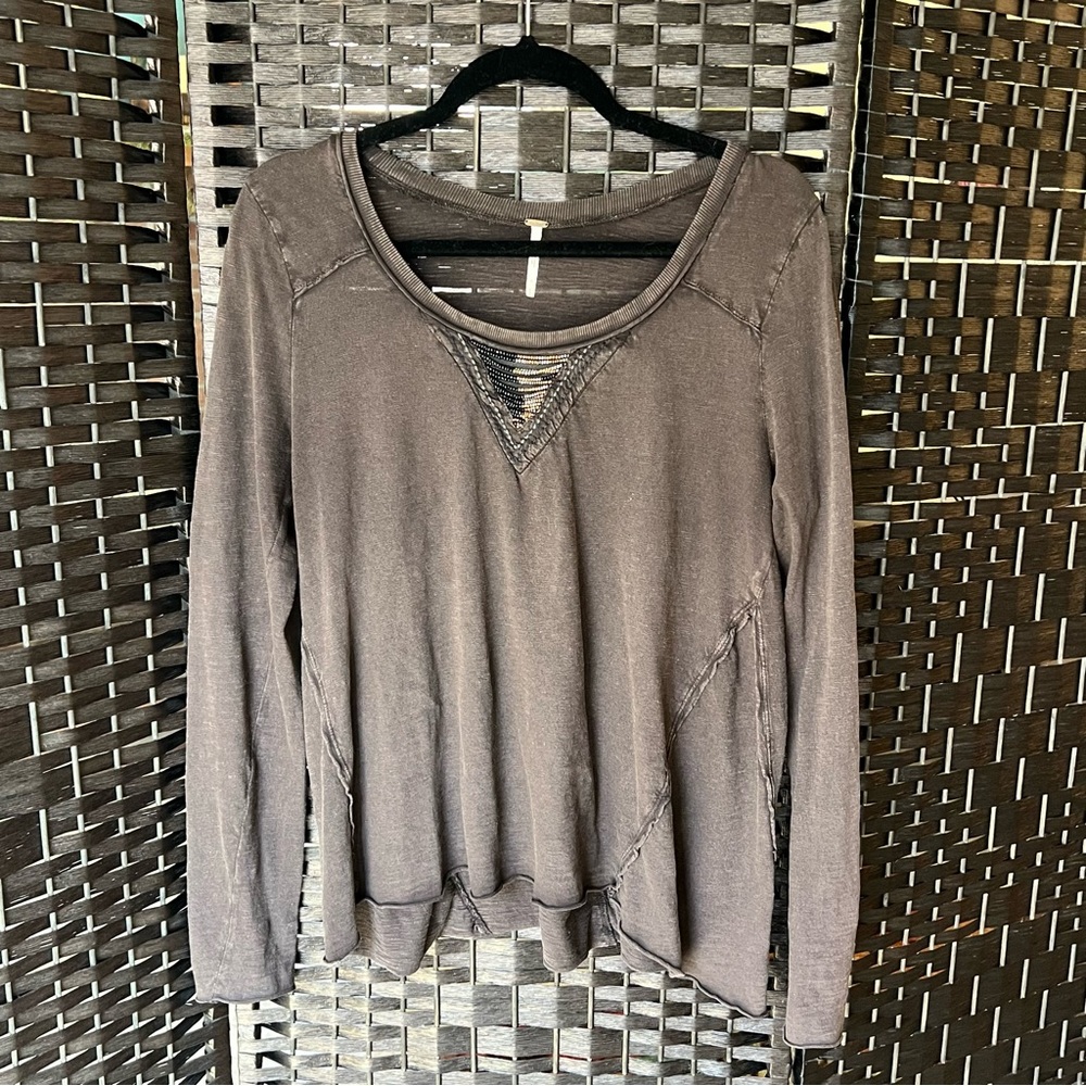Free People Embellished Long Sleeve Tee, Chocolate Brown, Size Large